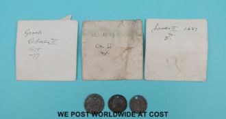 James II 1687 3d, Charles II 1677 4d, and a George III 1762 maundy 3d, all holed,