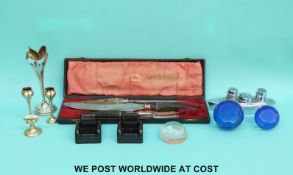 Cased deer horn and silver mounted carving set, Sheffield 1908,