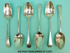 Six mainly Georgian hallmarked silver Old English pattern table spoons,
