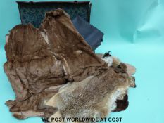 A vintage suitcase containing off-cuts of leather, furs etc,