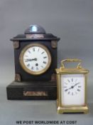 A 19th century slate and marble cased mantel timepiece, with Roman numerals on white enamelled dial,