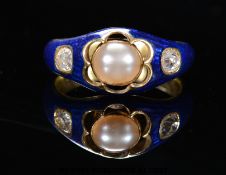 An 1838 Victorian mourning ring set with blue guilloché enamel and a pearl to the centre in pierced