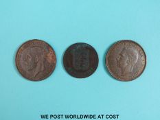 A 1927 George V penny EF with lustre, together with a 1946 George VI example EF with lustre,