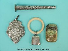 A continental white metal aide memoire with scenes to each side and opening to reveal ivory leaves,