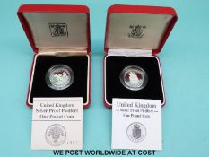 Two cased UK silver proof Piedfort £1 coins with certificates 1987 and 1988