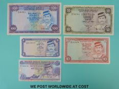 Five Brunei bank notes comprising $100, $50,