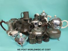 A quantity of pewter including hammered Arts & Crafts items, retro Heatmaster tea set etc,