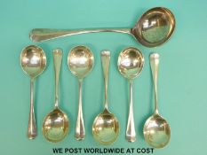 A set of six Walker and Hall George V hallmarked silver rat tail soup spoons, length 18cm,