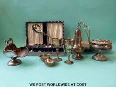 A quantity of silver plate to include boxed cutlery, scuttle sugar bowl, basket etc.