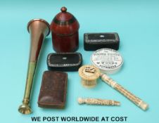 19thC miniature ivory or bone dominoes in case, needle cases, Woods Plymouth toothpaste lid,