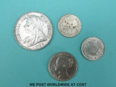 Queen Victoria veiled head 1899 halfcrown together with an 1899 sixpence and a 1901 example,