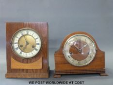 Two two train mantel clocks comprising a 1930s example with Haller movement and Arabic numerals on