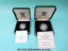 Two cased silver proof Piedfort coins comprising 1992 10 pence,