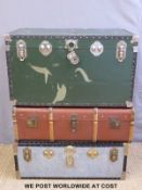 A vintage ash bound trunk together with a vintage Overpond metal bound trunk and a vintage green