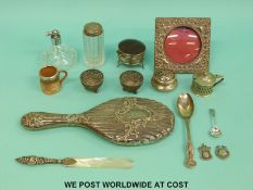 A quantity of hallmarked silver items to include Art Nouveau photo frame, width 11cm,