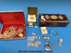 A hallmarked silver mustard, sterling pill box, costume jewellery including R.