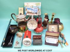 Plated ware, shell case base, brass, 19th century picture, draughts etc.