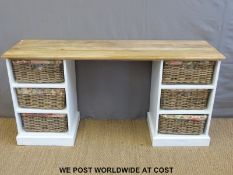 A Scumble Goosie dressing table or kitchen unit with wicker basket storage (L165 x D48 x H81cm)