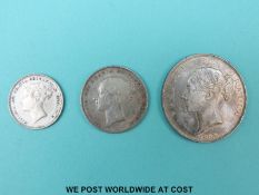 Queen Victoria young head group comprising 1883 florin VF, 1849 shilling F,