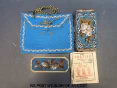 A German Masonic bead work bag with family Masonic beehive scene to one side and initials TK