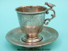 A late 19thC or early 20thC continental white metal cup and saucer with former Austro-Hungarian