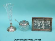 A Georg Jensen silver mounted glass sucrier, spoon,