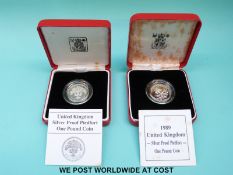 Two cased silver proof Piedfort coins comprising 1987 and 1989 both with certificates