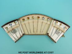 A cased set of 12 Art Deco hallmarked silver guilloche enamel cocktail sticks with cockerel finials,