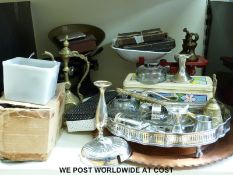 Two sets of kitchen scales including one with enamel pan, sundry weights, plated galleried tray,
