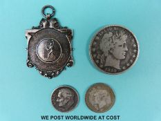 An 1898 USA Barber half dollar F, together with a 1951 one dime and a silver hallmarked cricket fob,