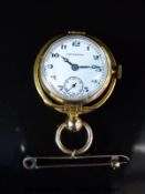 Tavannes 9ct gold ladies fob watch with inset subsidiary seconds dial, white enamel face,