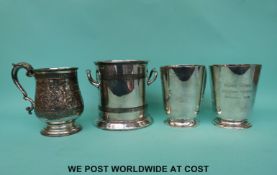 Three silver plated tankards, one with 1885 Wycliffe College,