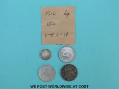 A 1910 Edward VII 6d, F, together with two near uncirculated 1937 6d,