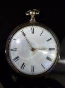 Georgian hallmarked silver pair cased pocket watch with farmer's glass, gold skeleton hands,