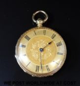 A continental 18ct gold pocket watch with engraved self coloured dial, Roman numerals,