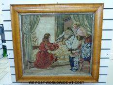 A large 19thC tapestry of an old gentleman in bed being visited/cared for by a young couple,