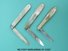 Three mother of pearl hallmarked silver bladed folding fruit knives, two Victorian,