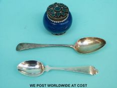 A Bateman Georgian hallmarked silver teaspoon and a further teaspoon (32g) and an Eastern glass pot