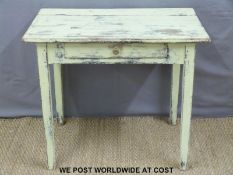 A painted and distressed small table with single drawer (H67 x W80 x D53cm)