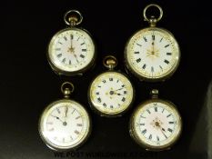 Five ladies continental silver pocket watches all with Roman numerals,