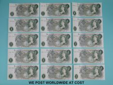 Fifteen consecutive crisp uncirculated JB Page £1 notes x34A 783320-783306