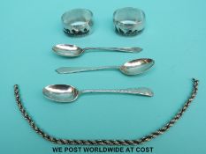 Three various hallmarked silver teaspoons (35g),