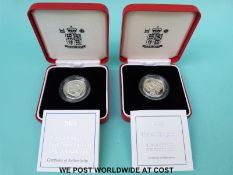 A 2002 and a 2001 silver proof piedfort £1 coin both cased with certificates