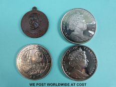 Three Antarctic Territory £2 crown sized coins together with a Captain Scott 1902 medallion coin