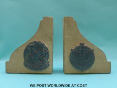 A pair of natural stone bookends with brass mounts, Freedom, Justice and Peace and London 1941.