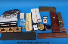 Costume jewellery, cribbage boards, boxed slide rules, clutch bags,