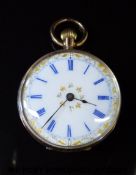 Continental 9ct gold keyless wind ladies fob watch with gilt highlighted white enamel dial,