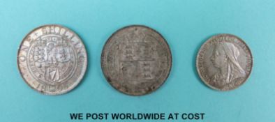 An 1895 veiled head shilling together with an 1887 jubilee head example and an 1896 sixpence,