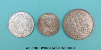An 1896 Victorian crown LX, together with a VF 1901 halfcrown and a 1900 shilling VF,