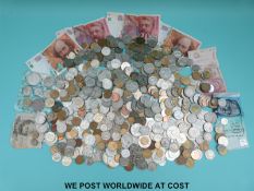 A collection of modern coins and currency